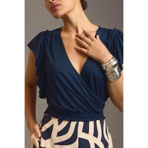 ANTHROPOLOGIE Silky Deep-V Top Shirt Navy Blue Size Medium